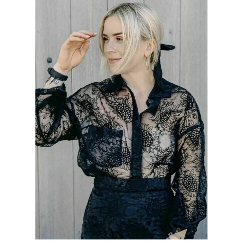 Sandra Mansour H&M Sheer Floral Blouse Black Romantic Lace Top Coquette Layering